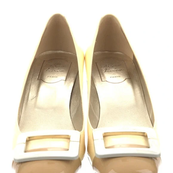 Authentic Roger Vivier Yellow, Gray and Tan patent leather pumps Shoes. Size 39